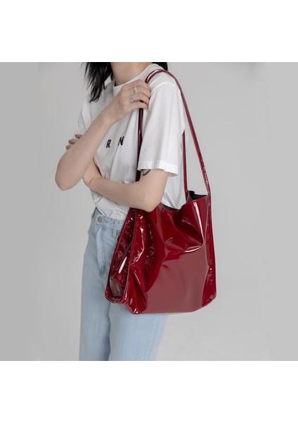 Gök Mavisi Moda Rugan Kadın Omuz Çantaları Vintage Kadın Casual Tote Çanta Büyük Kapasiteli Bayanlar Alışveriş Çantası (Yurt Dışından) fiyatları