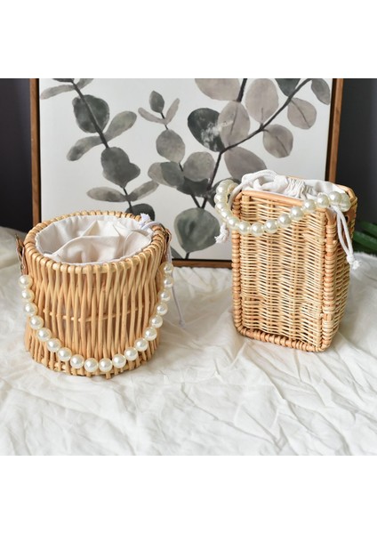 B8 Yuvarlak Yuvarlak Hasır Kova Çanta Vintage El Yapımı Dokuma Daire Rattan Omuz Çantaları 2022 Kadın Yaz Messenger Tatil Rahat Çanta (Yurt Dışından)