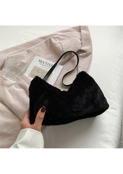 Siyah Kış Moda Kadınlar Yumuşak Peluş Omuz Çantaları Sahte Kürklü Bayanlar Küçük Tote Çanta Çanta Düz Renk Kadın Kızlar Koltukaltı Çanta (Yurt Dışından)