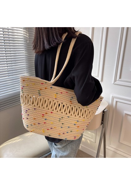 C Kadın Hasır Dokuma Omuz Çantası Kadın Moda Trendy Pamuk Iplik Çanta Plaj Çantası Büyük Kapasiteli Sepet Çanta Kız Çanta (Yurt Dışından) modelleri