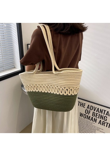 C Kadın Hasır Dokuma Omuz Çantası Kadın Moda Trendy Pamuk Iplik Çanta Plaj Çantası Büyük Kapasiteli Sepet Çanta Kız Çanta (Yurt Dışından) fırsatları