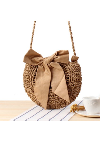 Bej 2023 Yeni Yaz Yuvarlak Hasır Çanta Plaj Rüzgar Sevimli Yay Crossbody Dokuma Çanta El Yapımı Tığ Kadın Çantası Plaj Çantası (Yurt Dışından) modelleri