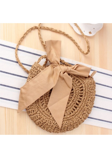 Bej 2023 Yeni Yaz Yuvarlak Hasır Çanta Plaj Rüzgar Sevimli Yay Crossbody Dokuma Çanta El Yapımı Tığ Kadın Çantası Plaj Çantası (Yurt Dışından) fırsatları