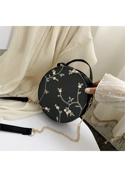 Siyah Sıcak Satış Tatlı Dantel Yuvarlak Çanta Yüksek Kaliteli Pu Deri Kadın Crossbody Çanta Kadın Küçük Taze Çiçek Zincir Omuz (Yurt Dışından)