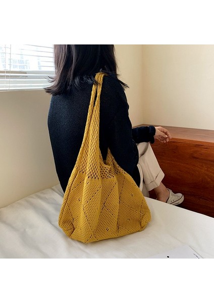 Sarı El Yapımı Bayan Retro Chic Tığ Çanta 2021 Kore Moda Örme Örgü Hollow Siyah Sarı Üstten Saplı Tote Çanta Alışveriş Çantası (Yurt Dışından) fiyatları