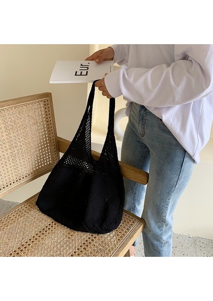 Sarı El Yapımı Bayan Retro Chic Tığ Çanta 2021 Kore Moda Örme Örgü Hollow Siyah Sarı Üstten Saplı Tote Çanta Alışveriş Çantası (Yurt Dışından) indirimleri
