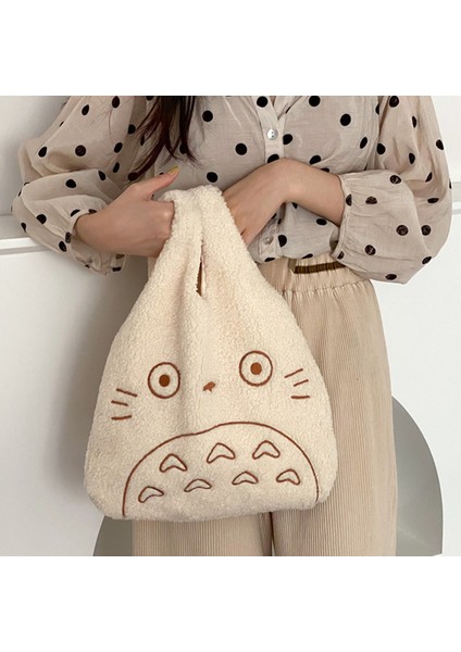Beyaz Kuzu Karikatür Totoro Nakış Kuzu Kumaş Çanta Kadın Kızlar Için Japonya Ins Omuz Çantası Tote Çanta Yumuşak Kürk Alışveriş Çantaları Cüzdanlar (Yurt Dışından)