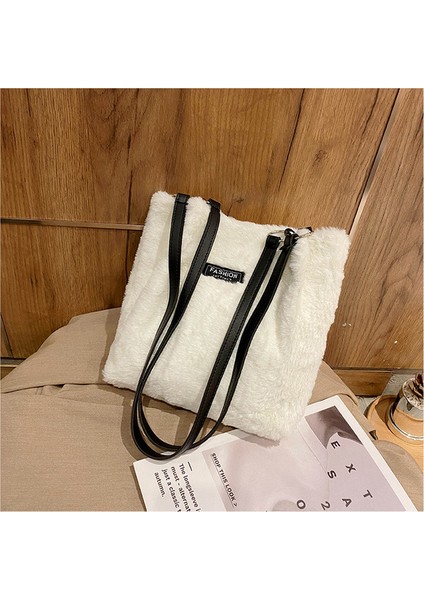 Beyaz Kış Peluş Mini Çanta Yeni Leopar Baskı Etikel Omuz Çantaları Kadınlar Için Çile Büyük Kapasiteli Kadife Shopper Koltukaltı Çantası (Yurt Dışından)