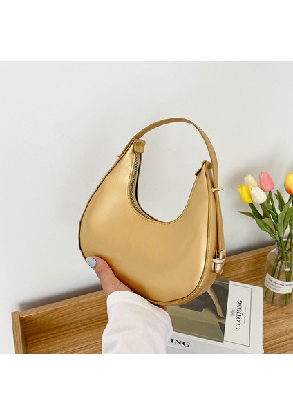 Gold-B Pu Leather Women Luxury Designer Handbag Purses 2023 Fashion Vintage Double Zipper Half Moon Crescent Hobos Shoulder Bags (Yurt Dışından)