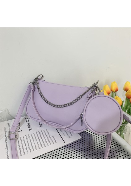 Mor Kadınlar Yumuşak Pu Deri Omuz Çantası Moda Kadın Günlük Katı Zincir Koltuk Altı Çanta Bayan Crossbody Çanta Bez Çanta 2 Adet Kompozit Set (Yurt Dışından)