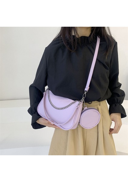 Mor Kadınlar Yumuşak Pu Deri Omuz Çantası Moda Kadın Günlük Katı Zincir Koltuk Altı Çanta Bayan Crossbody Çanta Bez Çanta 2 Adet Kompozit Set (Yurt Dışından)