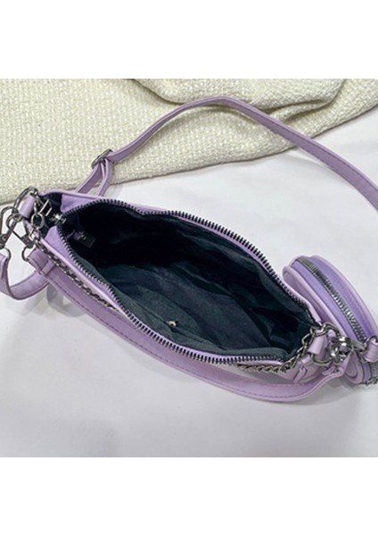 Mor Kadınlar Yumuşak Pu Deri Omuz Çantası Moda Kadın Günlük Katı Zincir Koltuk Altı Çanta Bayan Crossbody Çanta Bez Çanta 2 Adet Kompozit Set (Yurt Dışından)