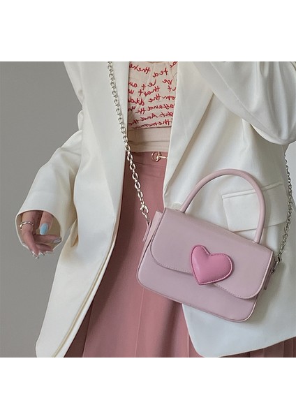 Beyaz Pembe Kalp Girly Küçük Kare Omuz Çantası Moda Aşk Kadın Tote Çanta Çanta Kadın Zincir Üst Kolu Messenger Çanta Hediye (Yurt Dışından) modelleri