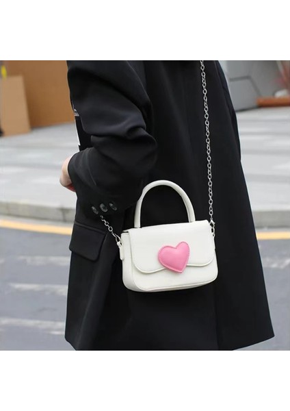 Beyaz Pembe Kalp Girly Küçük Kare Omuz Çantası Moda Aşk Kadın Tote Çanta Çanta Kadın Zincir Üst Kolu Messenger Çanta Hediye (Yurt Dışından) indirimleri