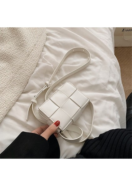Beyaz 2022 Moda Mini Bayanlar Kare Örgü Çanta Pu Deri Omuz Kadınlar Için Crossbody Çanta Düz Renk Kızlar Küçük Çantalar (Yurt Dışından)