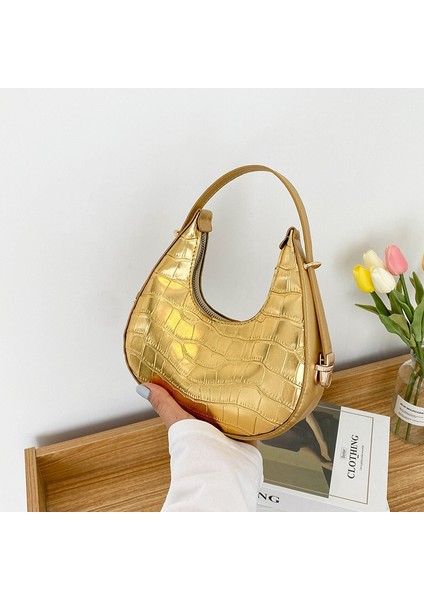 Gold-B Pu Leather Women Luxury Designer Handbag Purses 2023 Fashion Vintage Double Zipper Half Moon Crescent Hobos Shoulder Bags (Yurt Dışından) fiyatları