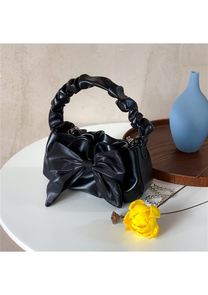Siyah Tatlı Yay Kadın Koltukaltı Çanta Pileli Kolu Kadın Küçük Omuz Çantaları Çanta Yumuşak Pu Deri Bayanlar Boncuk Zincir Crossbody Çanta (Yurt Dışından)