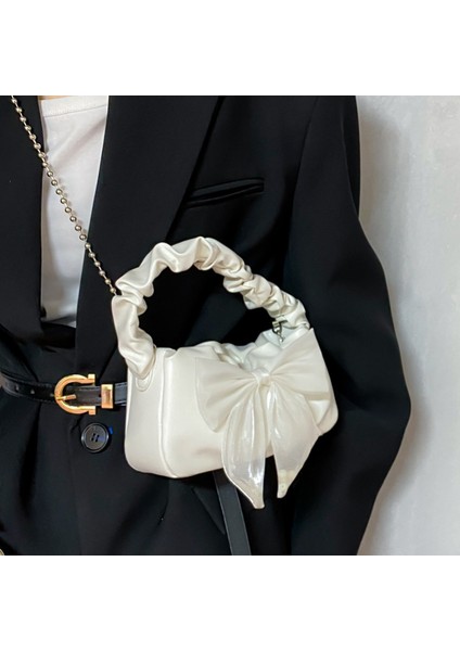 Siyah Tatlı Yay Kadın Koltukaltı Çanta Pileli Kolu Kadın Küçük Omuz Çantaları Çanta Yumuşak Pu Deri Bayanlar Boncuk Zincir Crossbody Çanta (Yurt Dışından) modelleri