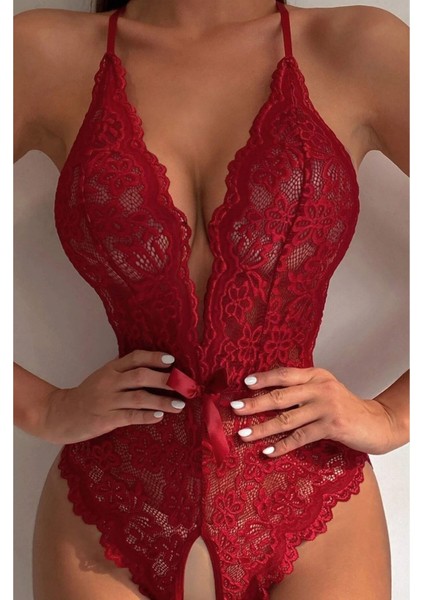 Kadın Bacak Arası Açık Dantel Tül Babydoll - Çapraz Askı Detaylı Şık Gecelik - Tek Parça İç Çamaşırı Bodysuit 7300