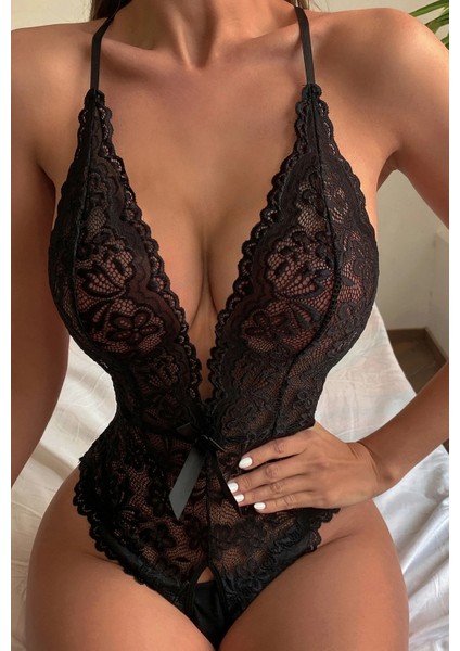 Kadın Bacak Arası Açık Dantel Tül Babydoll - Çapraz Askı Detaylı Şık Gecelik - Tek Parça İç Çamaşırı Bodysuit - 7300