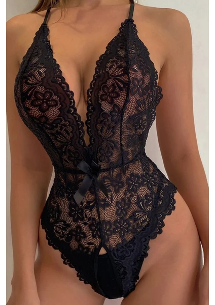 Kadın Bacak Arası Açık Dantel Tül Babydoll - Çapraz Askı Detaylı Şık Gecelik - Tek Parça İç Çamaşırı Bodysuit 7300