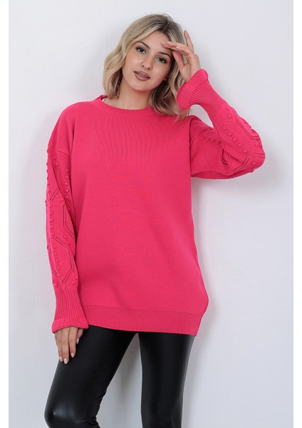 Kadın Triko Kazak Bisiklet Yaka Kolu Desenli Oversize Fujya