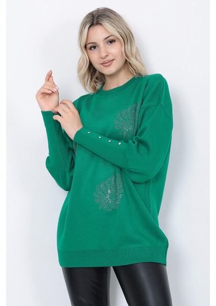 Kadın Triko Kazak Bisiklet Yaka Yaprak Desenli Kolu Taşlı Oversize Yeşil