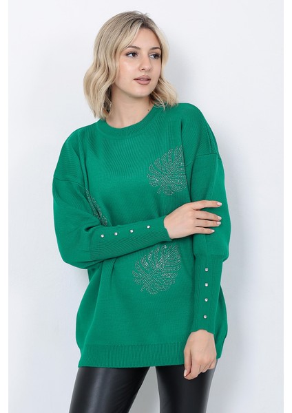 Kadın Triko Kazak Bisiklet Yaka Yaprak Desenli Kolu Taşlı Oversize Yeşil fiyatları