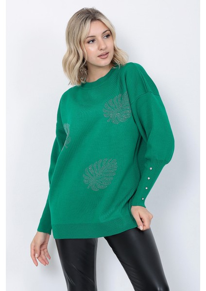Kadın Triko Kazak Bisiklet Yaka Yaprak Desenli Kolu Taşlı Oversize Yeşil modelleri