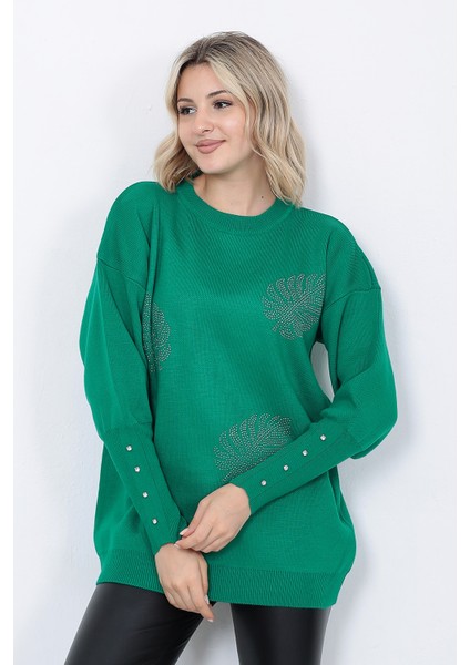 Kadın Triko Kazak Bisiklet Yaka Yaprak Desenli Kolu Taşlı Oversize Yeşil fırsatları