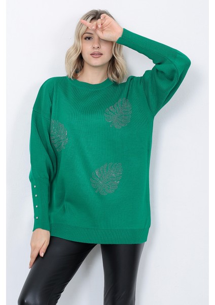 Kadın Triko Kazak Bisiklet Yaka Yaprak Desenli Kolu Taşlı Oversize Yeşil indirimleri