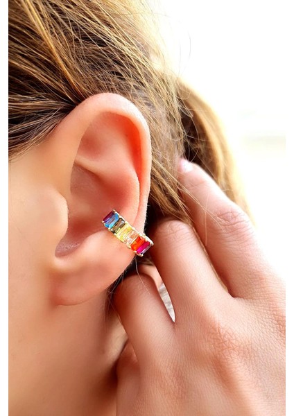 Renkli Zirkon Taşlı 925AYAR Gümüş Tarz Sıkıştırmalı Kıkırdak Earcuff Küpe