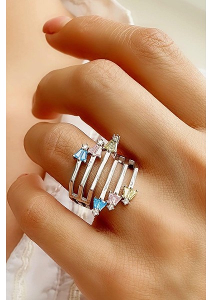 Renkli Zirkon Taş Detaylı 925AYAR Gümüş Ayarlanabilir Luxry Tasarım Yüzük