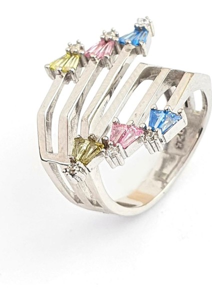 Renkli Zirkon Taş Detaylı 925AYAR Gümüş Ayarlanabilir Luxry Tasarım Yüzük fiyatları