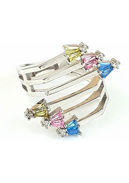 Renkli Zirkon Taş Detaylı 925AYAR Gümüş Ayarlanabilir Luxry Tasarım Yüzük modelleri