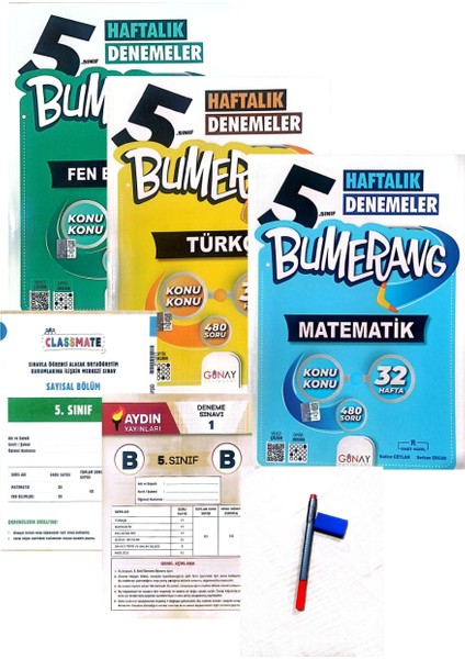 5.Sınıf Bumerang Matematik+Türkçe+Fenbilimleri Deneme-Yeni Baskı-(Aydın+Okyanus Yayınları Deneme+Faber Kalem+Silgi)