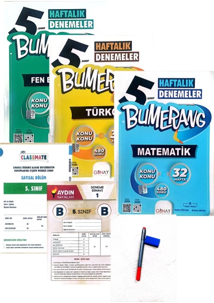 Günay Yayınları 5.Sınıf Bumerang Matematik+Türkçe+Fenbilimleri Deneme-Yeni Baskı-(Aydın+Okyanus Yayınları Deneme+Faber Kalem+Silgi)