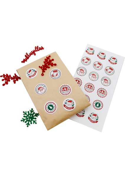 Yılbaşı Temalı Hediye Paketi Etiketi 4 cm Merry Christmas Karışık Baskılı Etiket 24 Adet