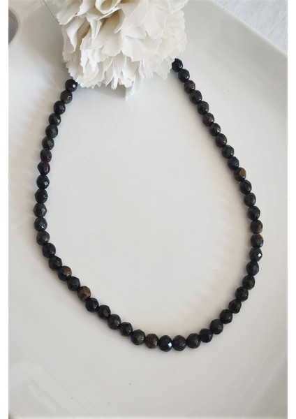 6 mm Faset Kesim Siyah Kaplangözü Doğal Taş Kolye