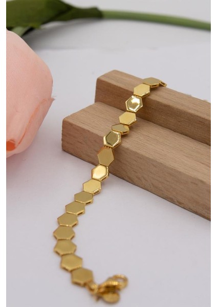 22 Ayar Altın Parlak Yüzey Altıgen Tasarım Kadın Bileklik