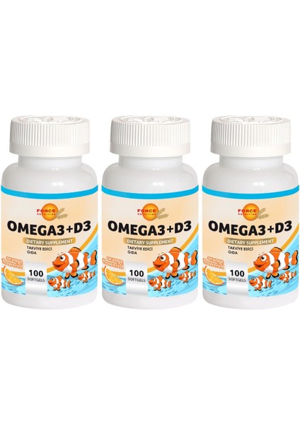 Omega 3 Balık Yağı Vitamin D3 Vitamini 3 x 100 Softgel Portakal Aromalı