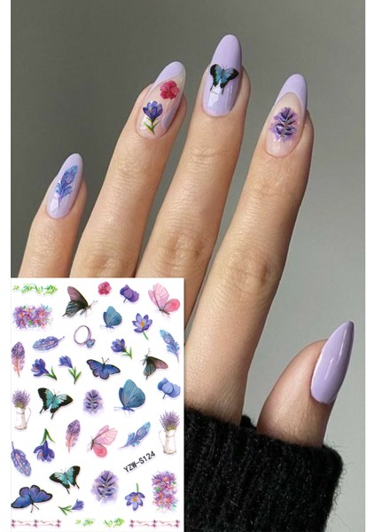 BP Tattoo Lavanta ve Kelebek Renkli Tırnak Sticker - Nail Art Tırnak Dövme