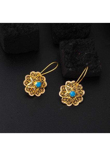 14 Ayar Firuze Taşlı Altın Gül Küpe