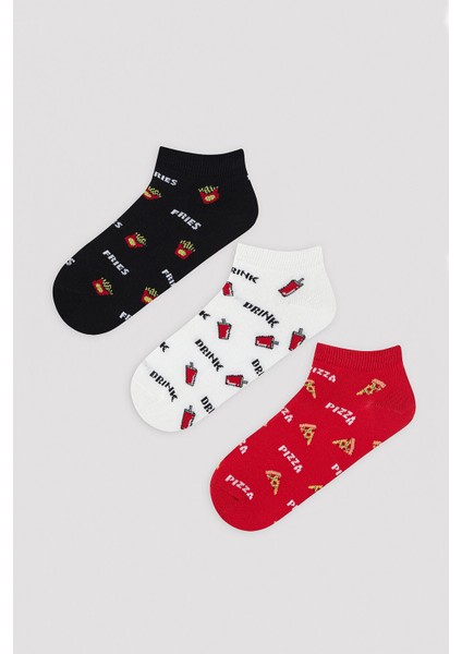 Pizza Baskılı Siyah 3lü Patik Çorap