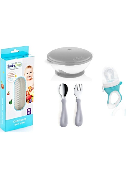 Babyjem Cam Rende + Vakumlu Mama Tabağı + Paslanmaz Çelik Çatal Kaşık + Silikon Uçlu Meyve Sebze Emziği