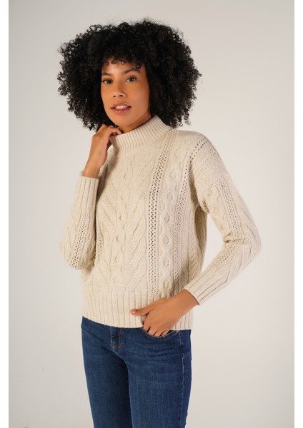 Kadın Bej Saç Örgülü Yarım Balıkçı Yaka Yün Kazak TRIST-6143 fiyatları