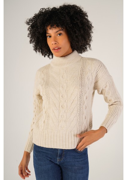 Kadın Bej Saç Örgülü Yarım Balıkçı Yaka Yün Kazak TRIST-6143 fırsatları