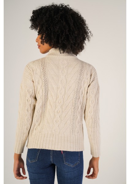 Kadın Bej Saç Örgülü Yarım Balıkçı Yaka Yün Kazak TRIST-6143 indirimleri