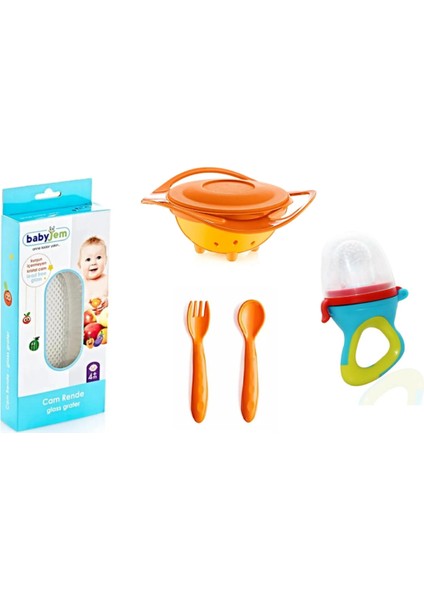 Babyjem Cam Rende + Dökülmeyen Tabak + Mama Kaşık Çatal Takımı + Silikon Uçlu Meyve Sebze Emziği