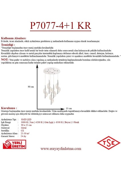 P7077-4+1 5li Krom Sarkıt LED Avize(Beyaz Işık -Sarı Işık - Gün Işığı)
